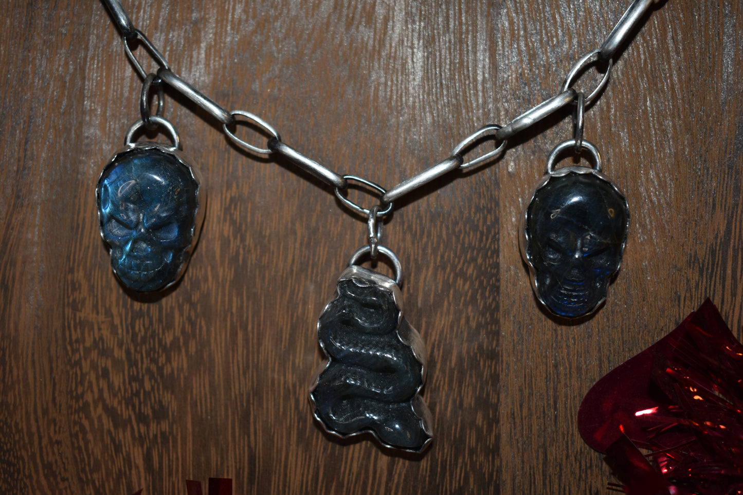Labradorite skull snake necklace