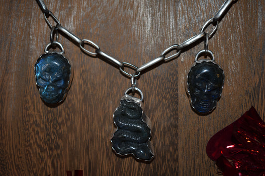 Labradorite skull snake necklace